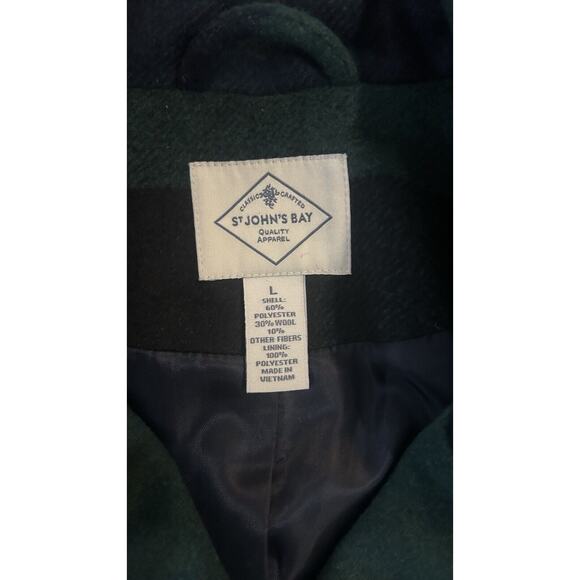 St John's Bay Wool Blend Peacoat Blue Green Plaid Size L Lined Pea Coat - Picture 5 of 6